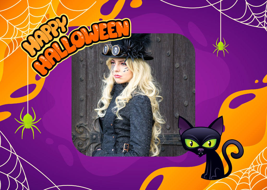 Woman in steampunk Halloween costume with a black cat