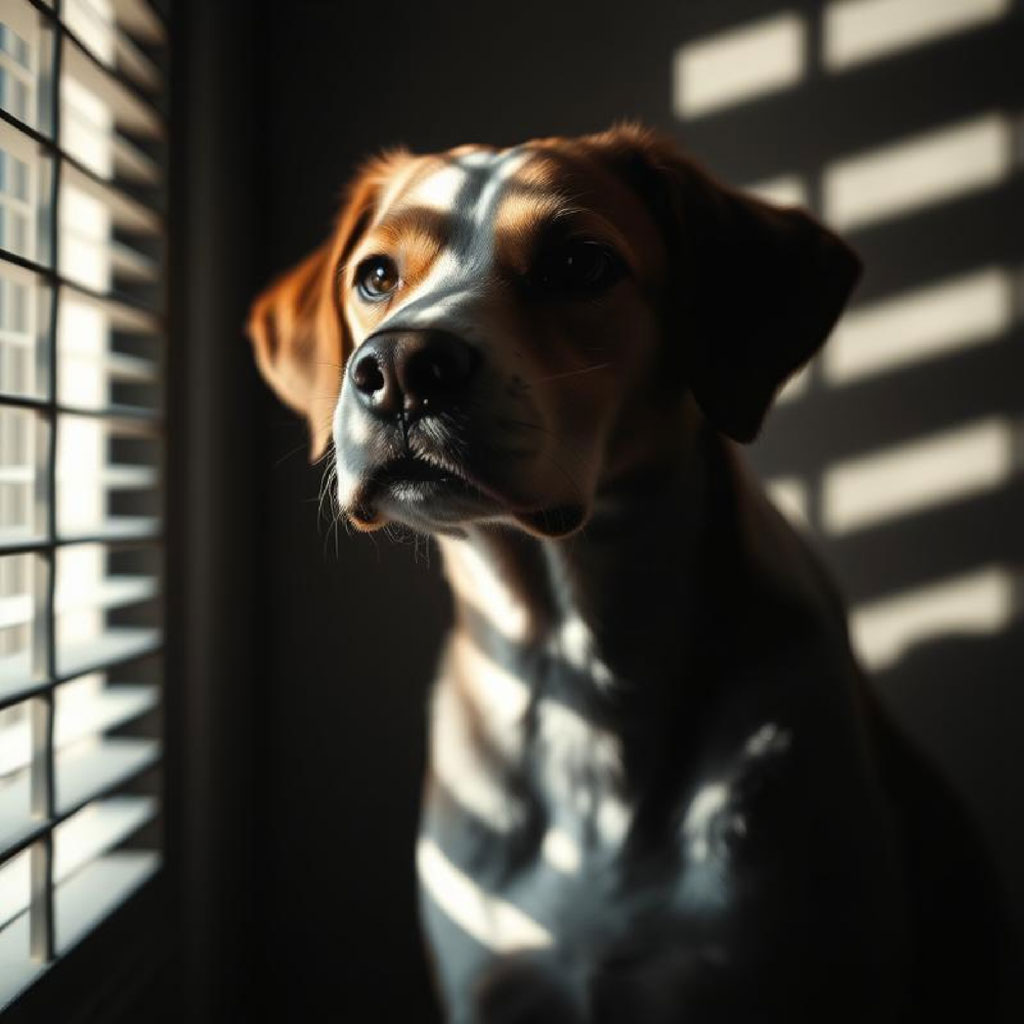 Woman's face illuminated by sunlight with shadows from blinds