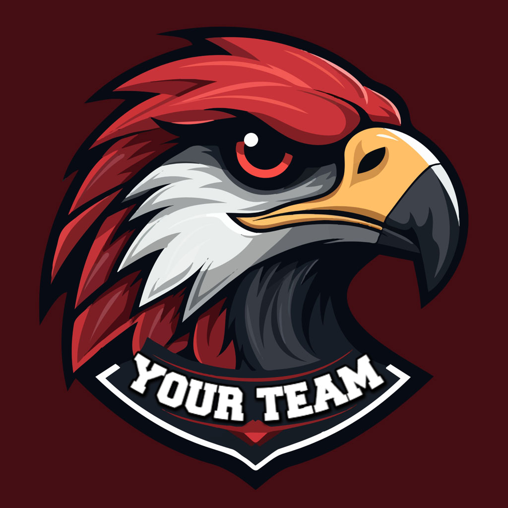 Eagle head logo with red and black feathers, yellow beak, and shield with 'YOUR TEAM' text