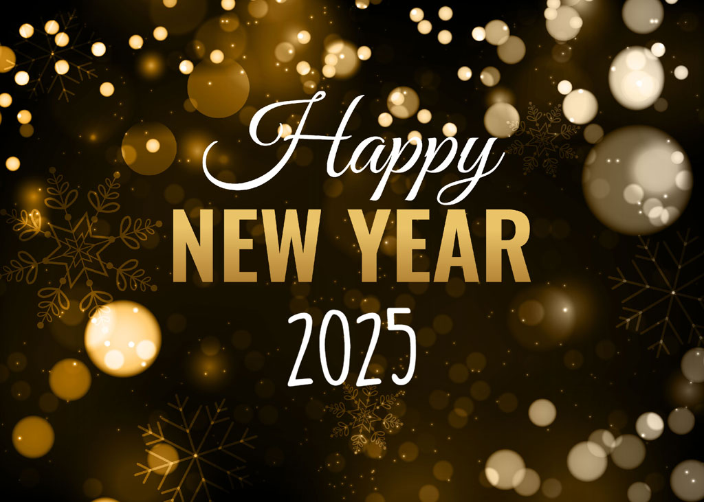 Happy New Year 2025 background with golden lights and snowflakes