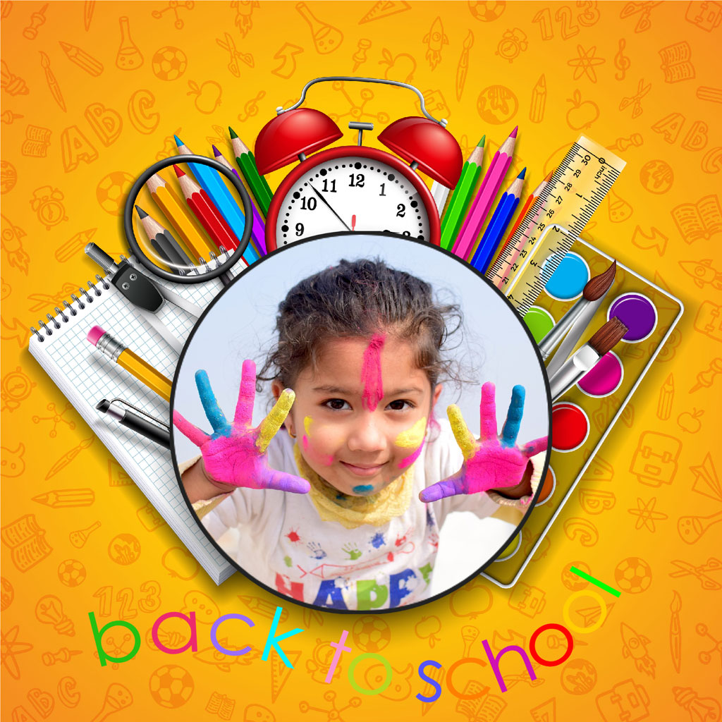 A young girl with colorful paint on her hands and face, surrounded by school supplies