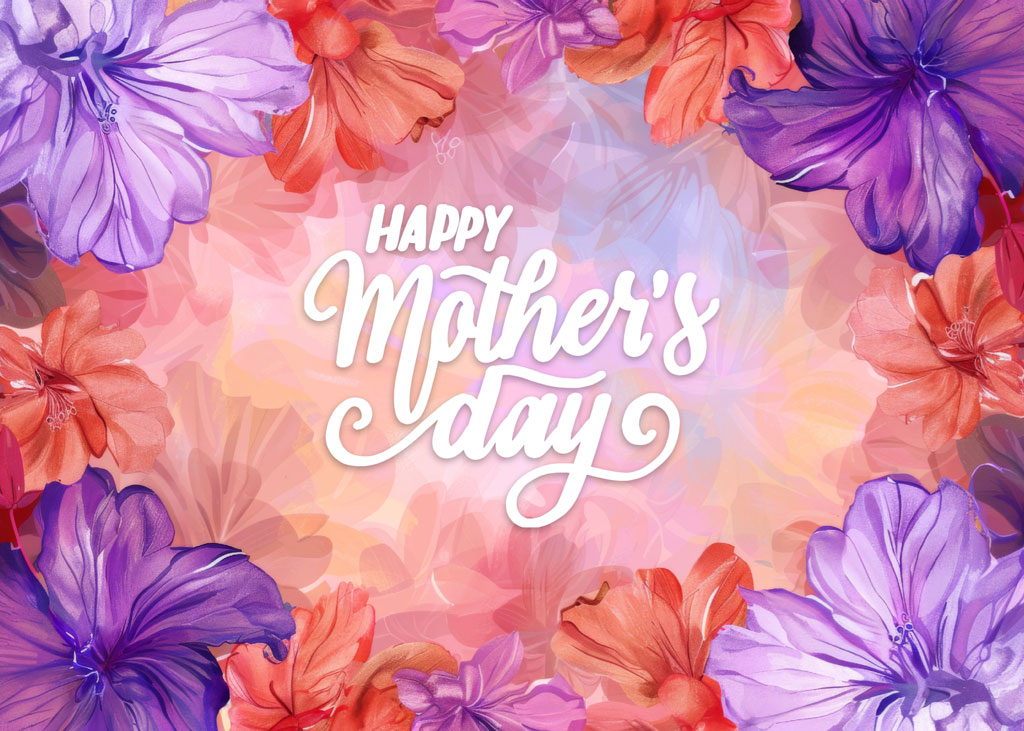 Happy Mother's Day greeting card with purple and orange flowers