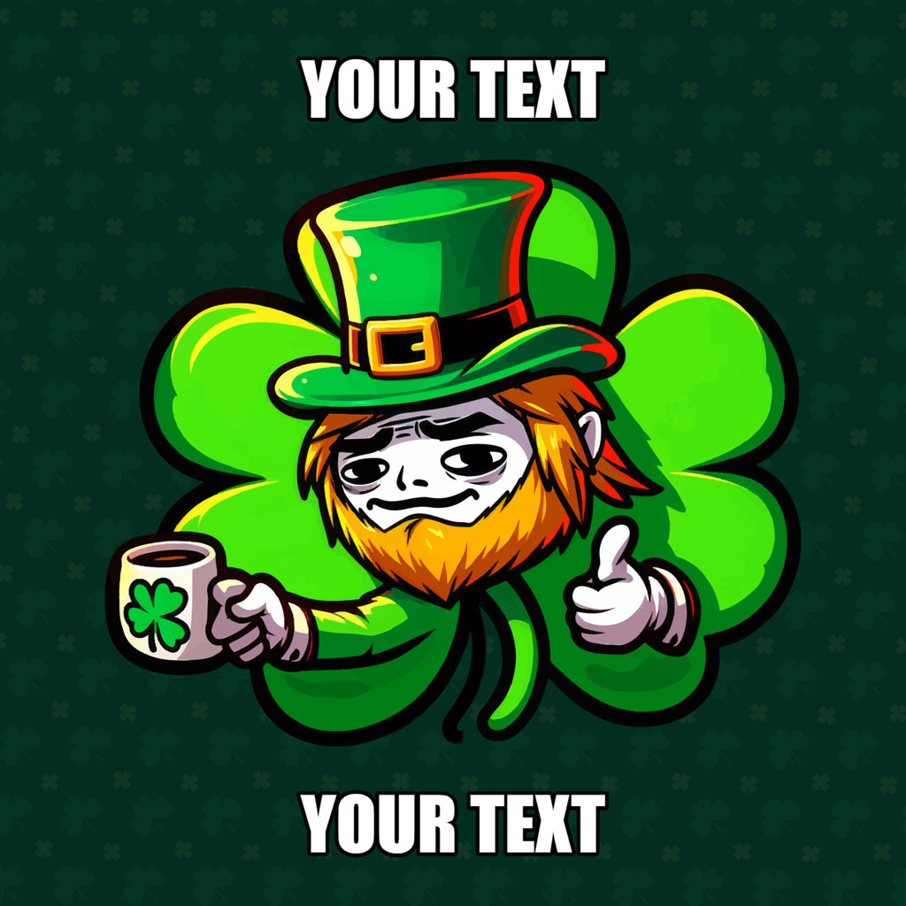 Cartoon leprechaun with green hat and beard holding beer mug with shamrock