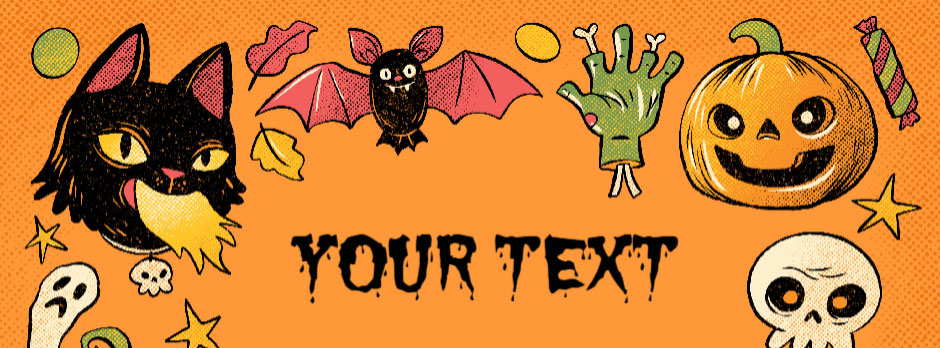 Halloween template with cartoon black cat, bat, pumpkin, and other Halloween elements
