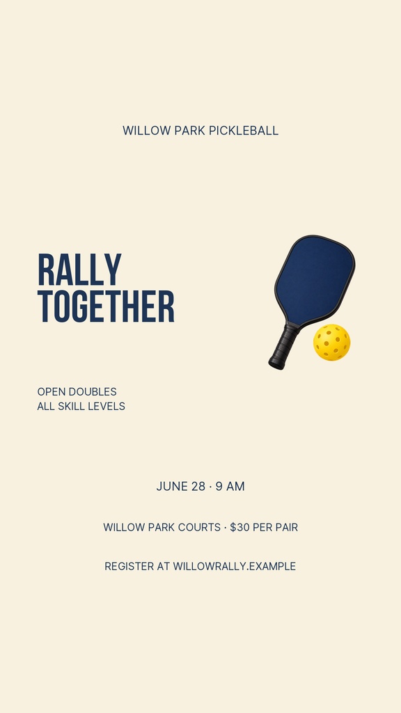 Portrait Instagram story design for a pickleball event with a paddle, ball, and rally together text.