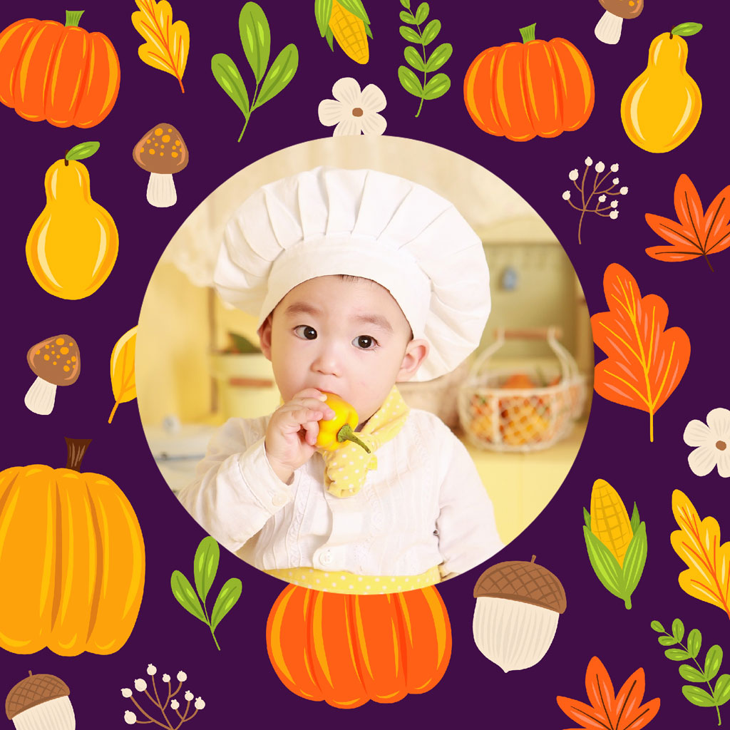 Baby in chef hat eating fruit surrounded by autumn illustrations