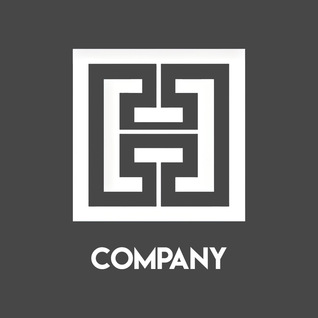 Company logo with a white geometric pattern on a dark gray background