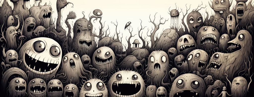 A dense gathering of dark fantasy creatures with varied, menacing facial expressions