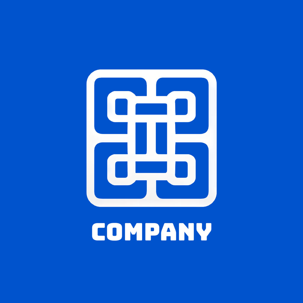 Company logo with a white geometric pattern on a blue background