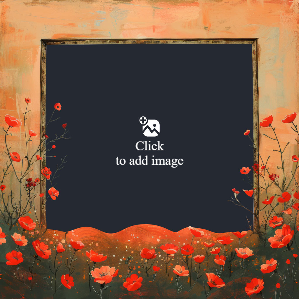 Digital painting of red poppies surrounding a blackboard on a peach background.