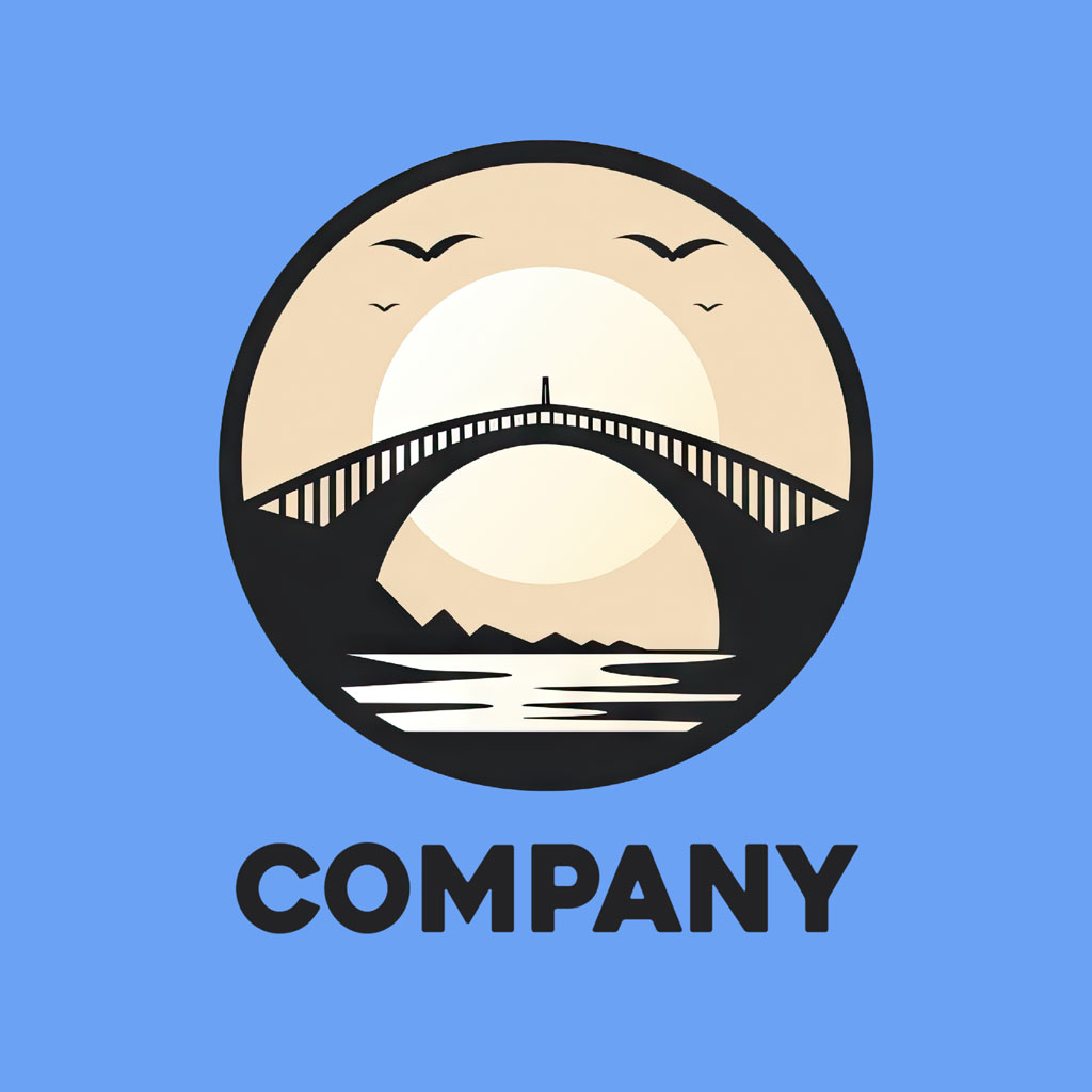 Company logo with a bridge and birds