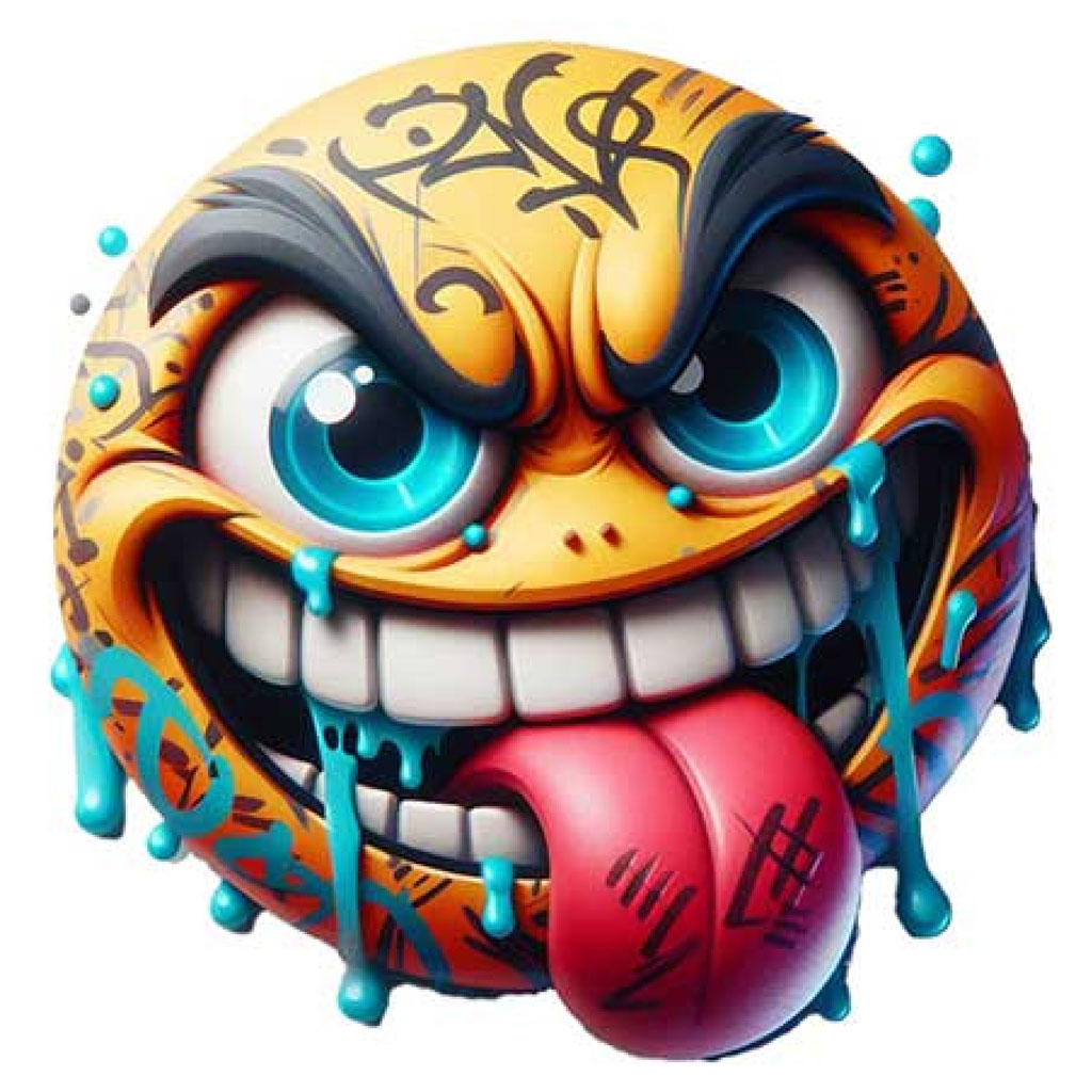A cartoon emoji face with a graffiti design, large blue eyes, and tongue sticking out.