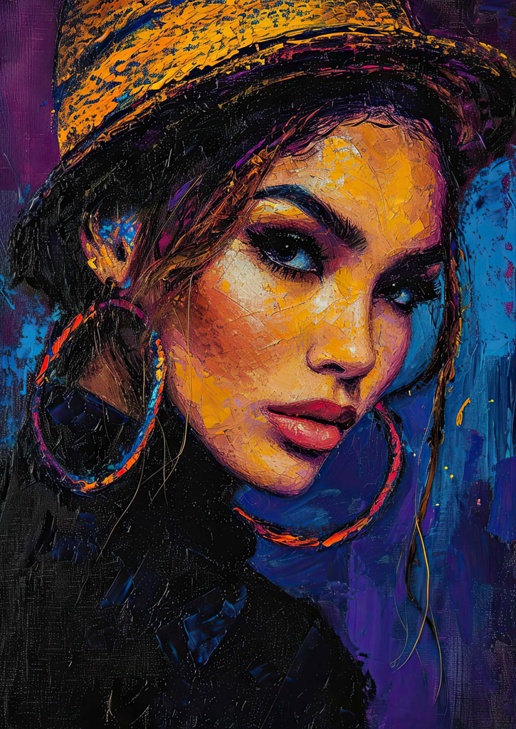 A colorful portrait of a woman with a hat and large hoop earrings.