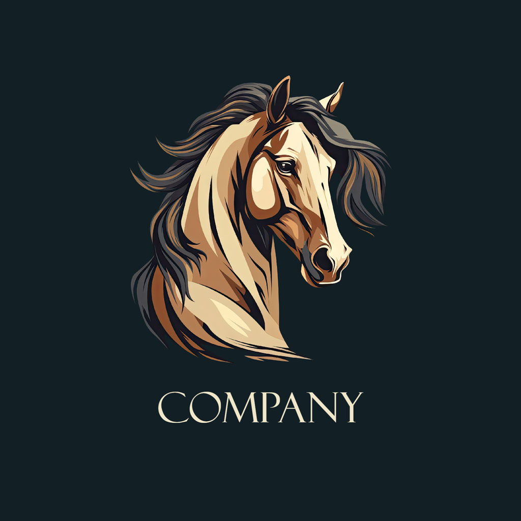 Stylized horse head logo with flowing mane on dark background