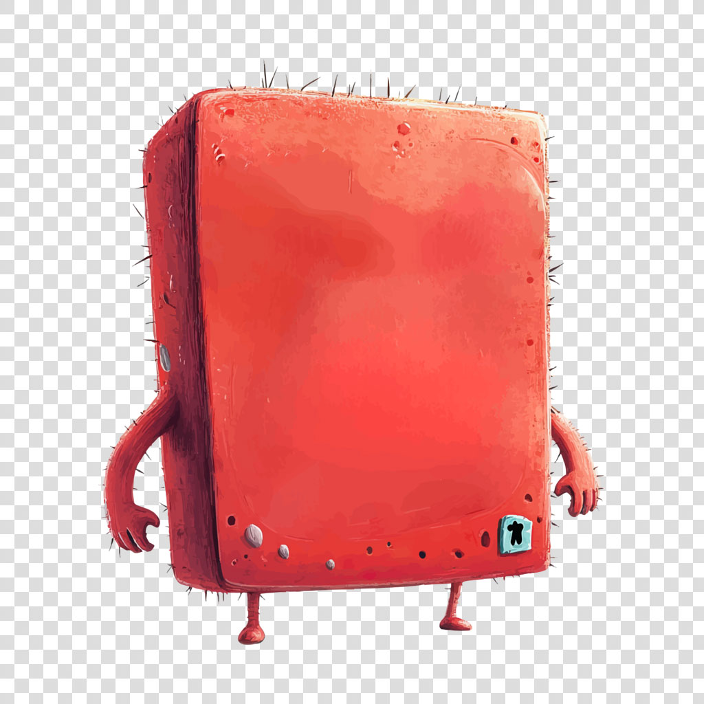 Red cartoon character with spiky edges and a label