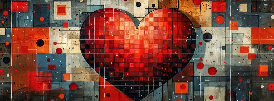 Mosaic heart artwork with red and black tiles on a multicolored background