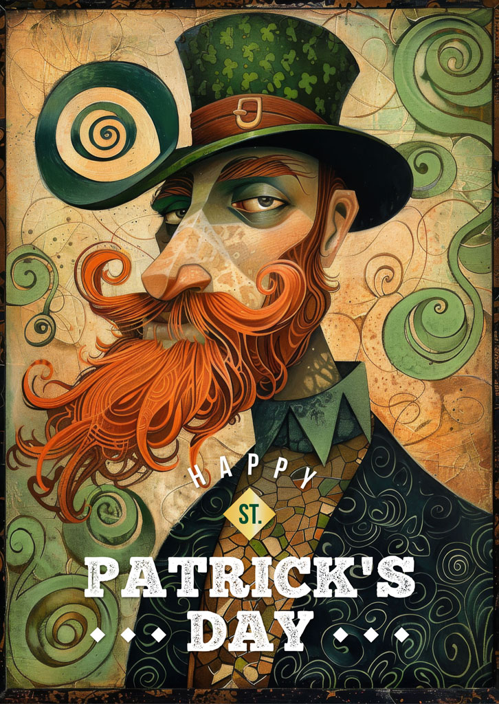 Illustration of a bearded man in a green top hat for St. Patrick's Day