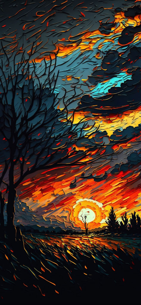 Stylized sunset with bold brushstrokes and vivid colors