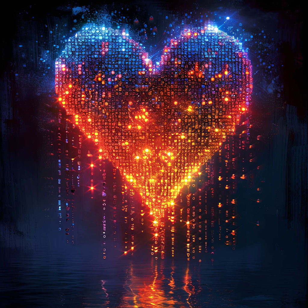 Glowing heart-shaped lights reflected in dark water