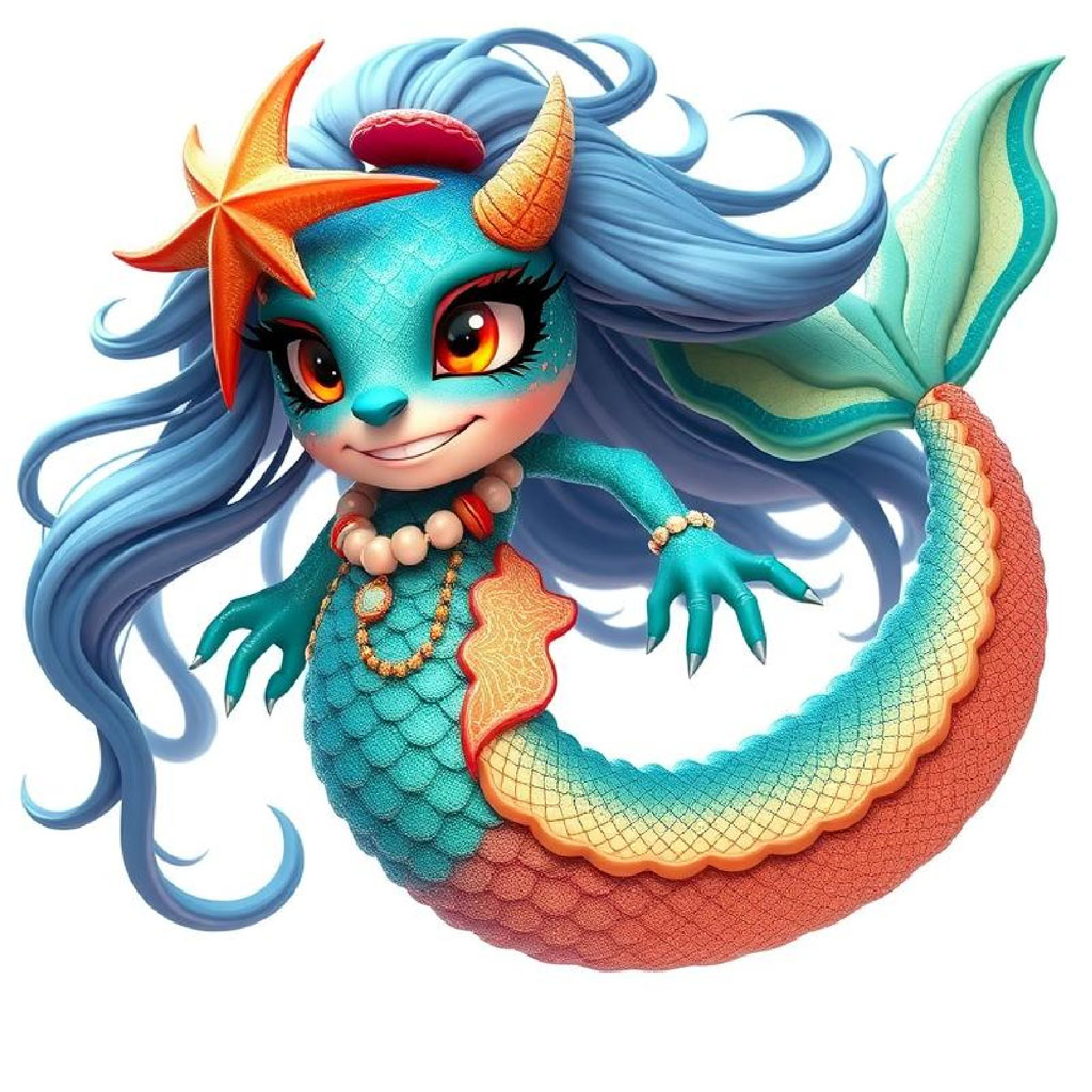 Cartoon mermaid dragon with blue hair and scales