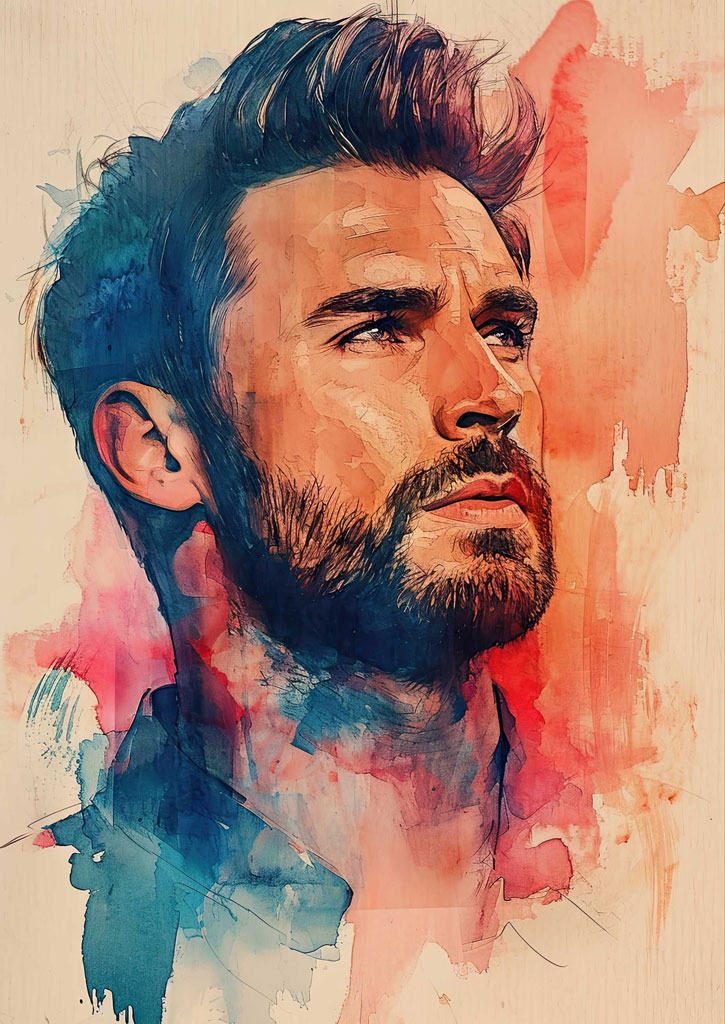 Watercolor portrait of a man with a beard and short hair