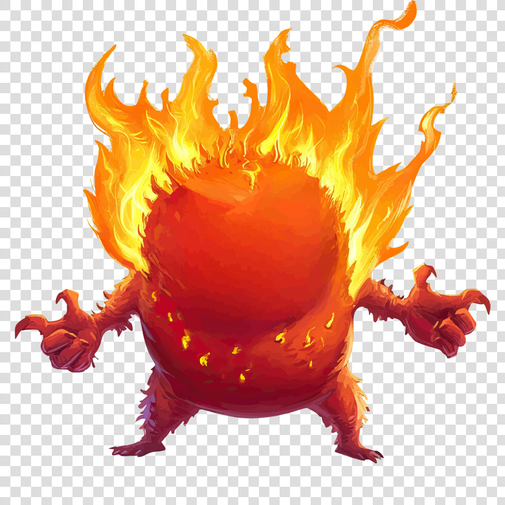 Illustration of a red creature with flames on its body and head