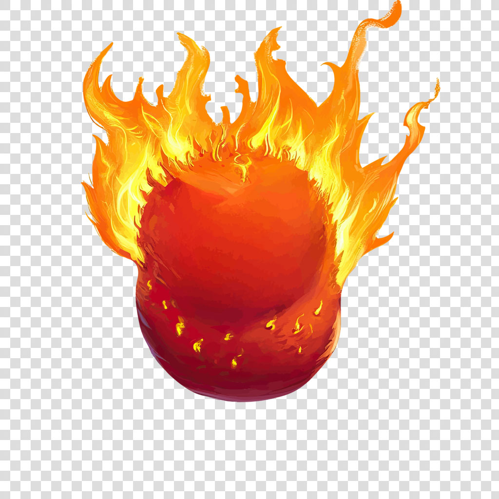 A red ball engulfed in bright orange and yellow flames.