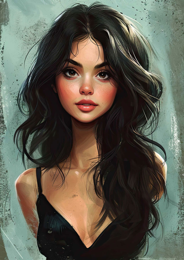 A digital artwork featuring a young woman with long dark hair and a black top against a light blue background.