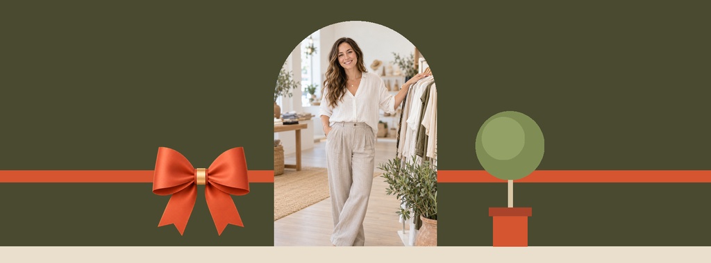 Landscape Facebook cover template with a boutique photo, ribbon bow, and simple geometric accents