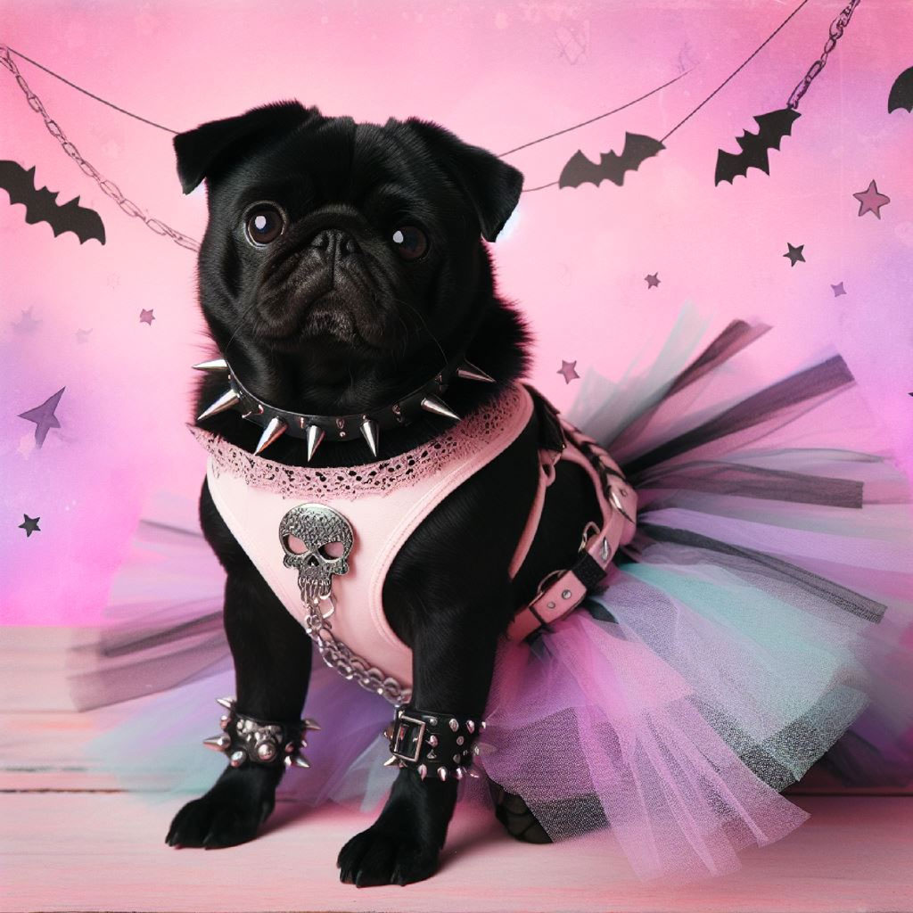 Black pug dog with pink harness and tutu, adorned with spiked collar and skull pendant