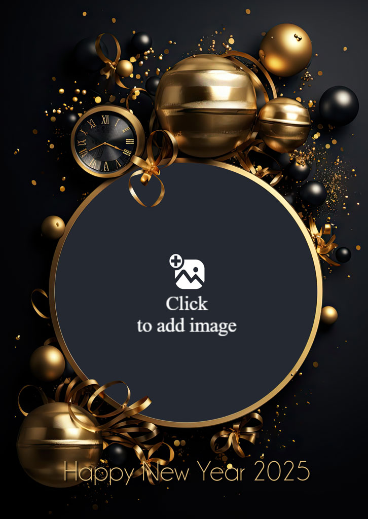 Happy New Year 2025 design with gold decorations and clock