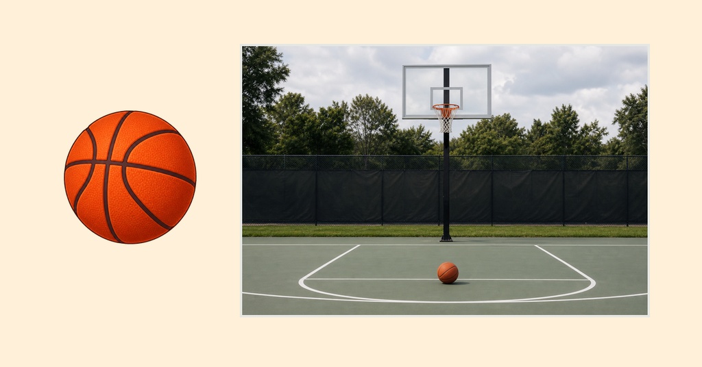 Basketball icon beside an outdoor basketball court with a hoop and trees.