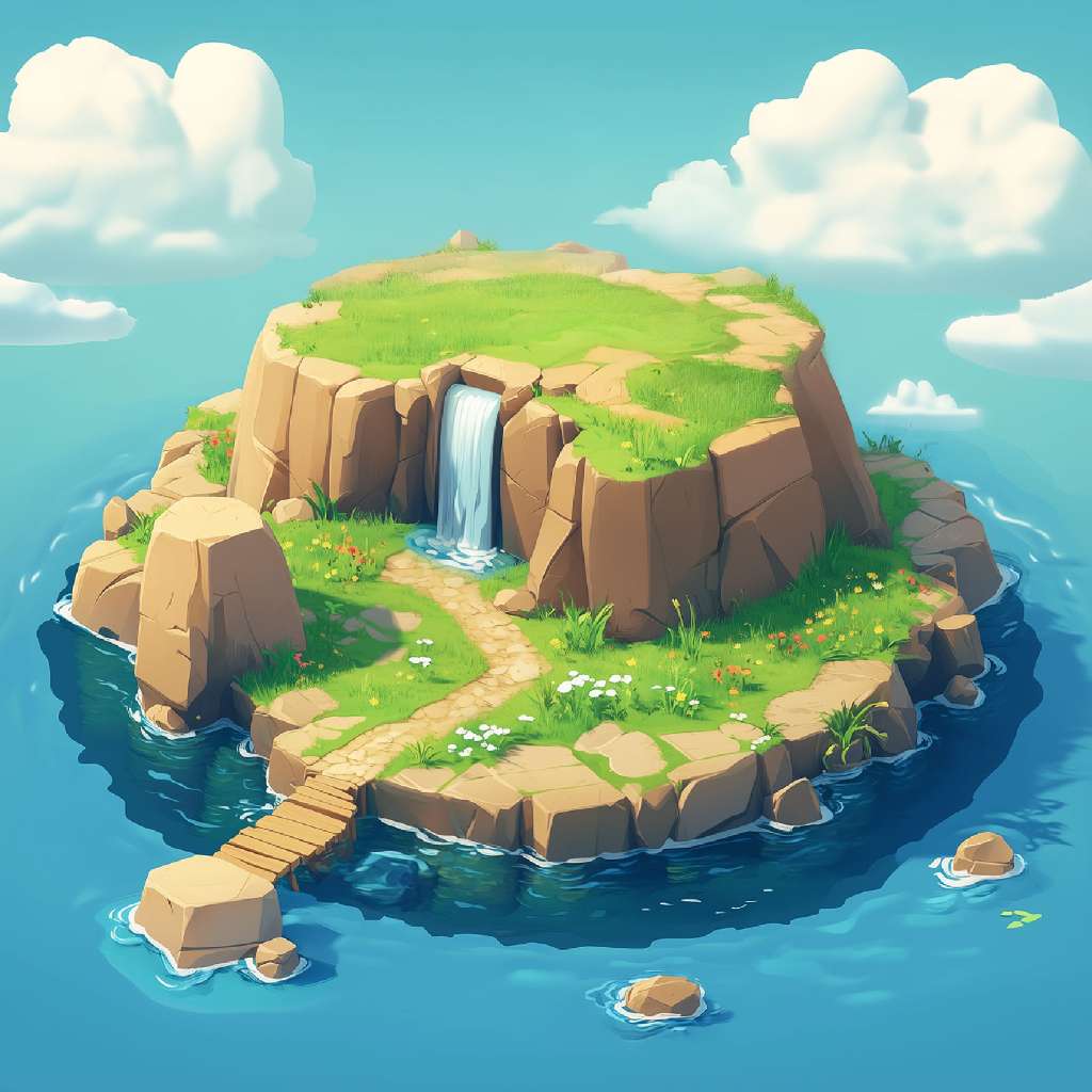 A cartoon island with a waterfall and wooden dock surrounded by blue waters and fluffy clouds