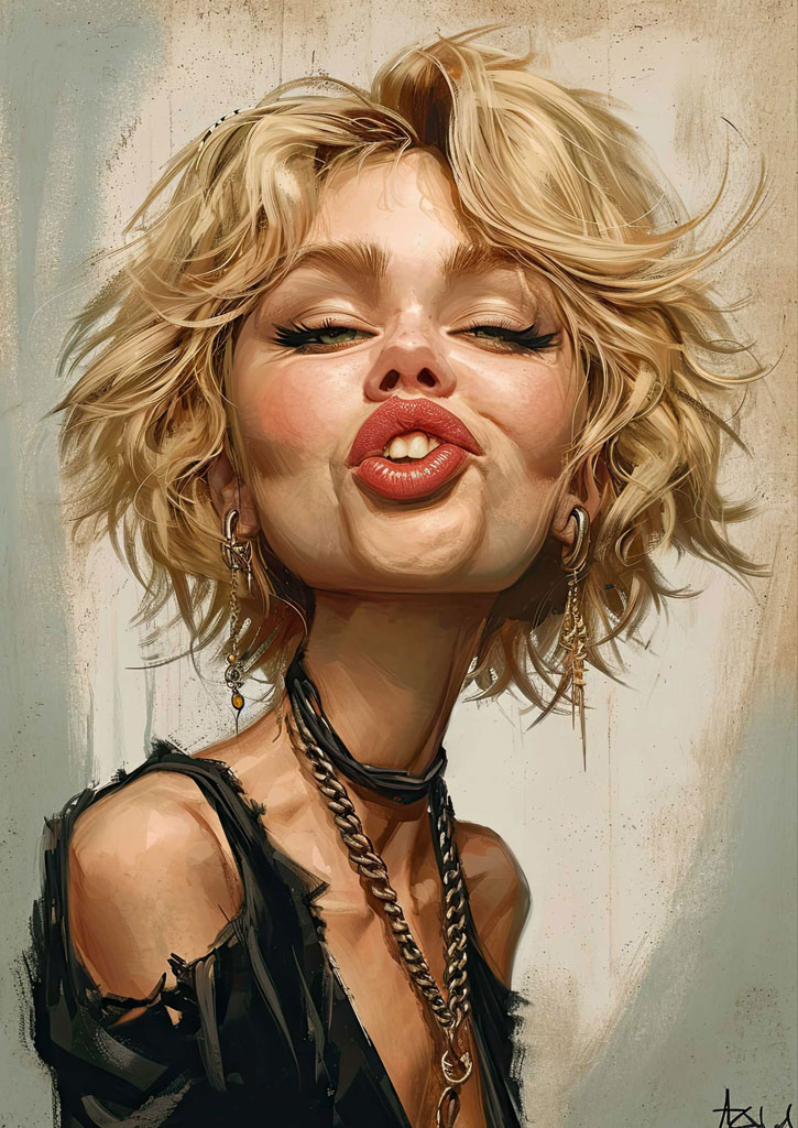 A blonde woman with short hair and red lips, wearing a black top and gold jewelry.