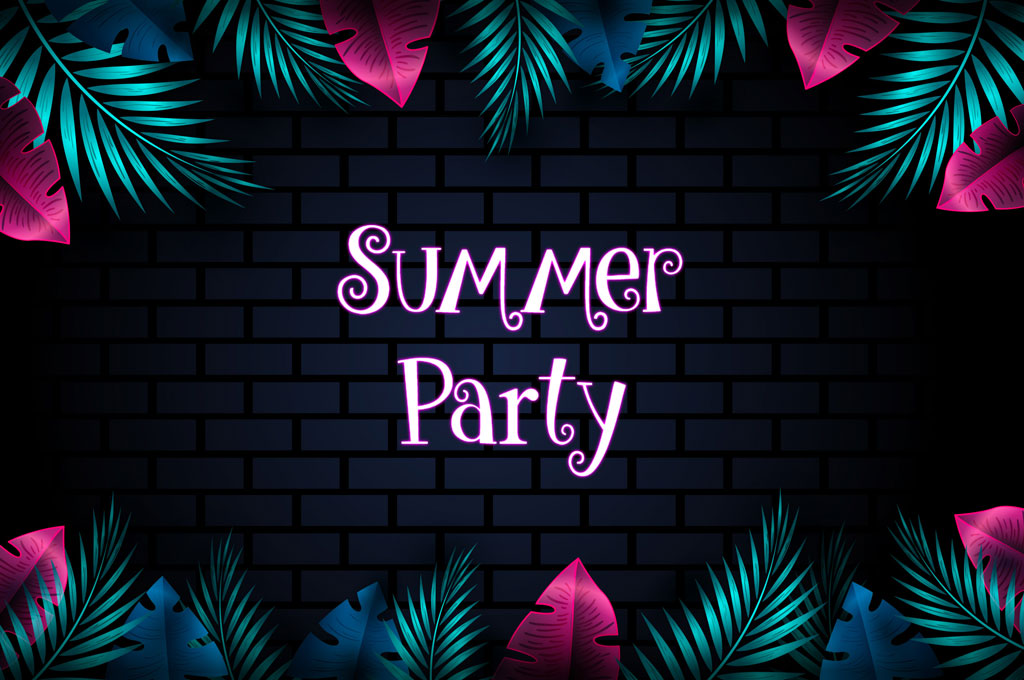 Summer Party invitation with dark brick wall and tropical leaves