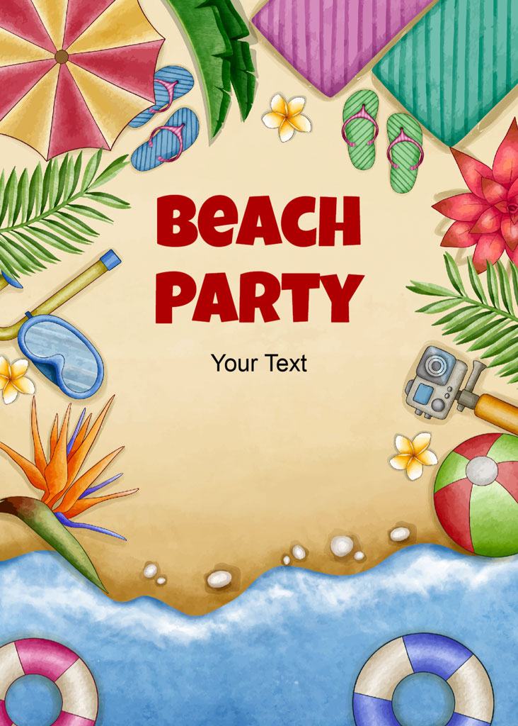 Beach party invitation template with beach accessories and tropical flowers