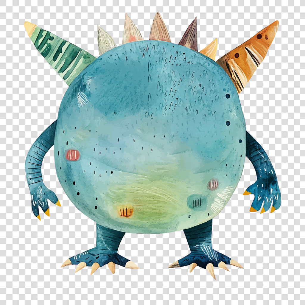 A blue monster sculpture made from pencils with sharp claws and colorful spikes on its back.