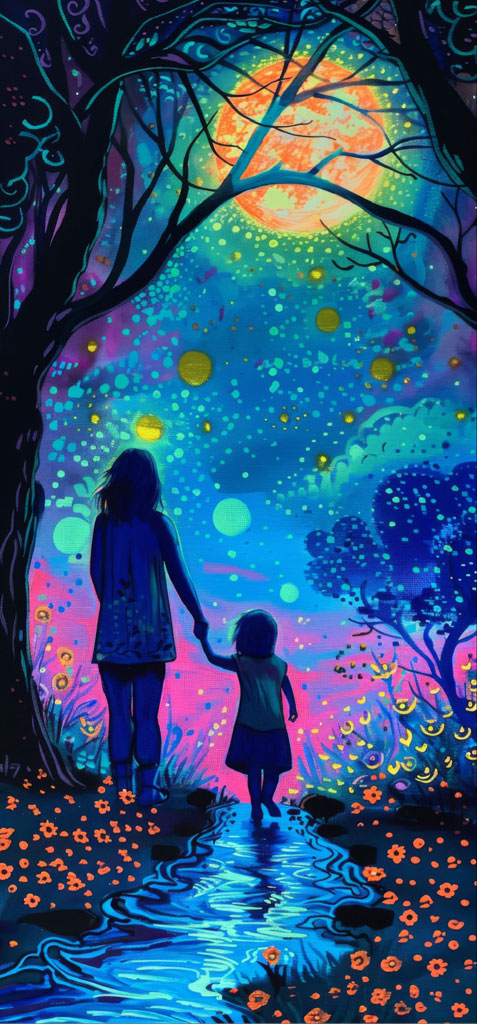 Illustration of a woman and child walking through a vibrant, dreamlike forest with a colorful night sky.