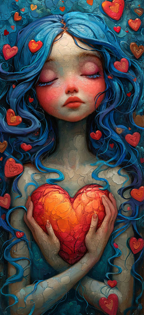 A woman with blue hair and closed eyes holding a heart