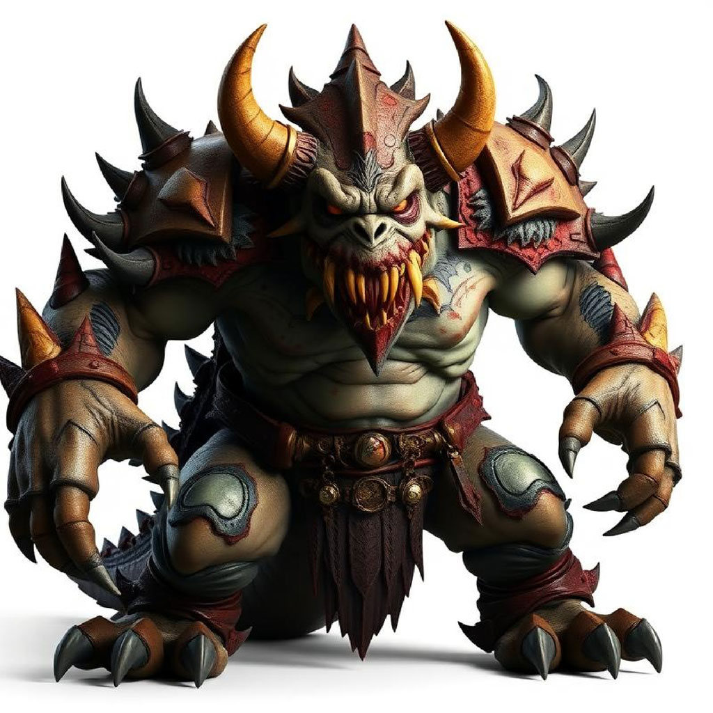 A muscular, green-skinned creature with large horns and sharp teeth, wearing spiked armor.