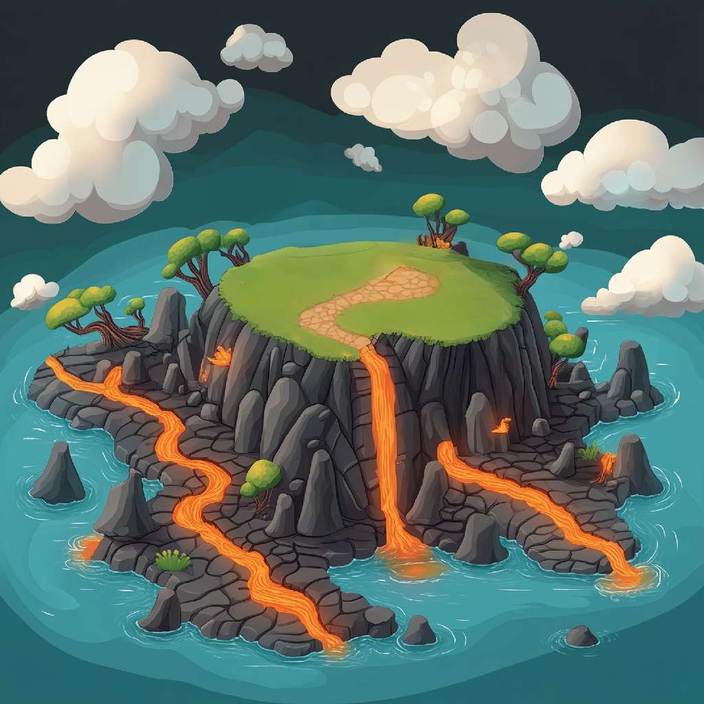 A cartoon island with a green top and lava flowing down its rocky sides into the water.