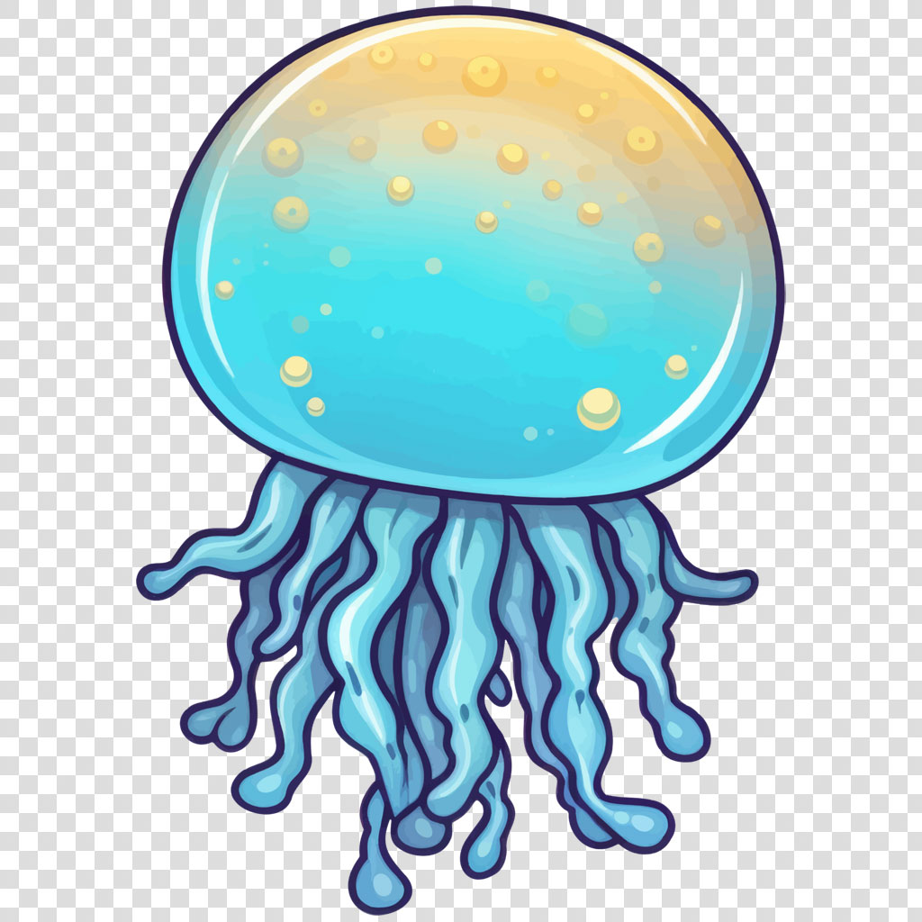 A blue and yellow cartoon jellyfish with wavy tentacles