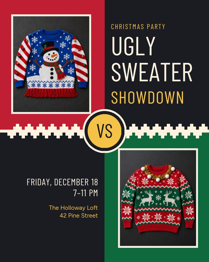 Portrait invitation with two ugly Christmas sweaters, a VS badge, and party details on a dark background.
