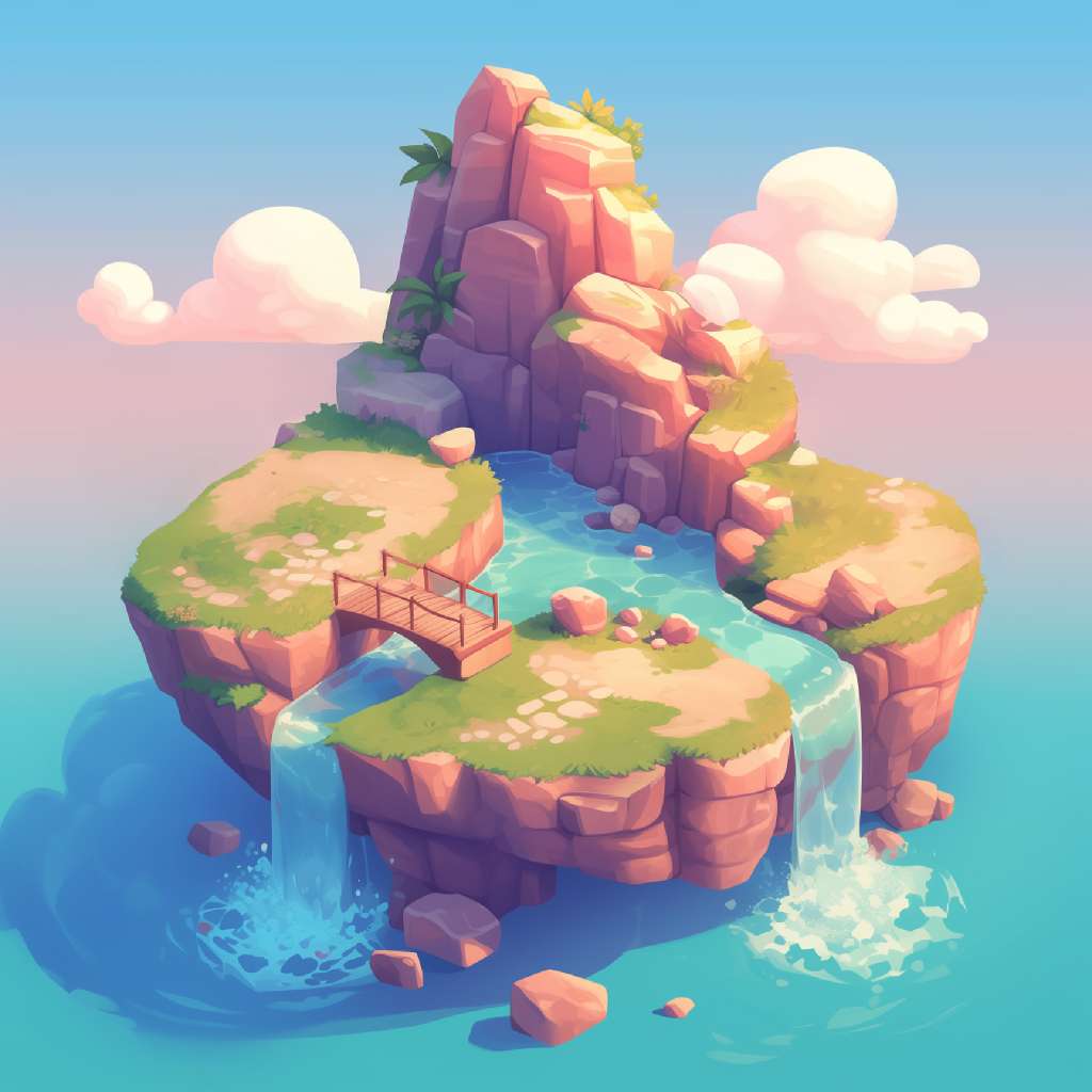 A cartoon island with a small bridge and waterfalls