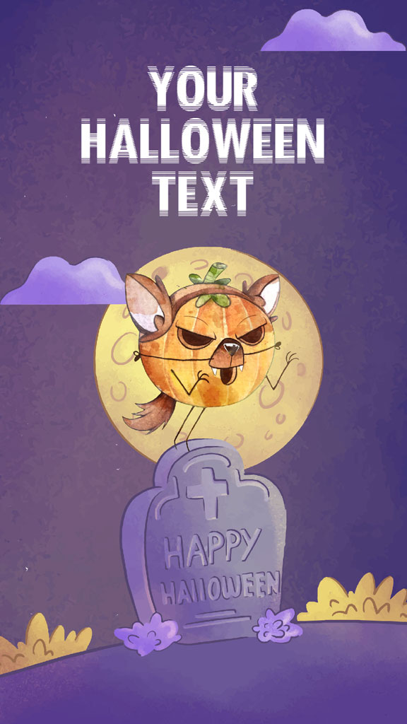 Cartoon cat in a pumpkin costume standing on a tombstone that reads 'HAPPY HALLOWEEN'