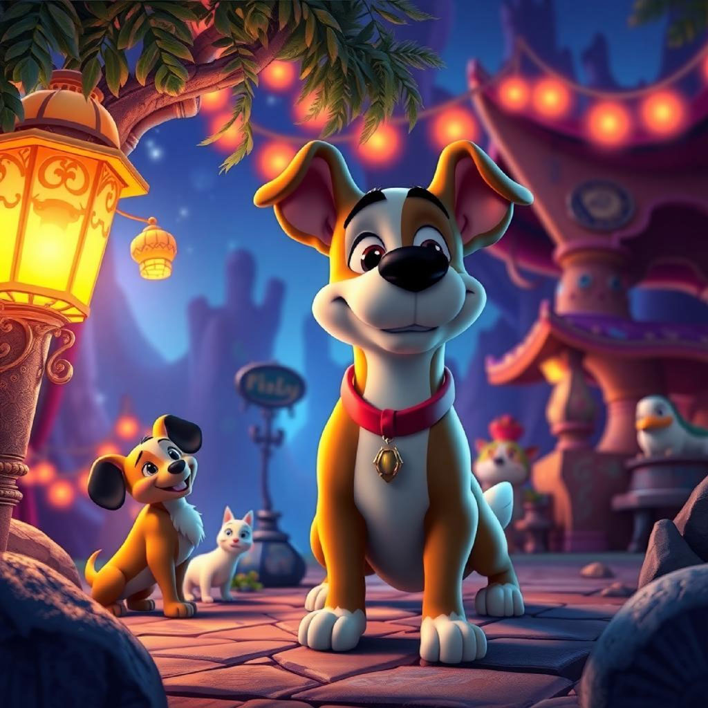 A cartoon woman in a hat stands in a fantasy village with a child in the background.