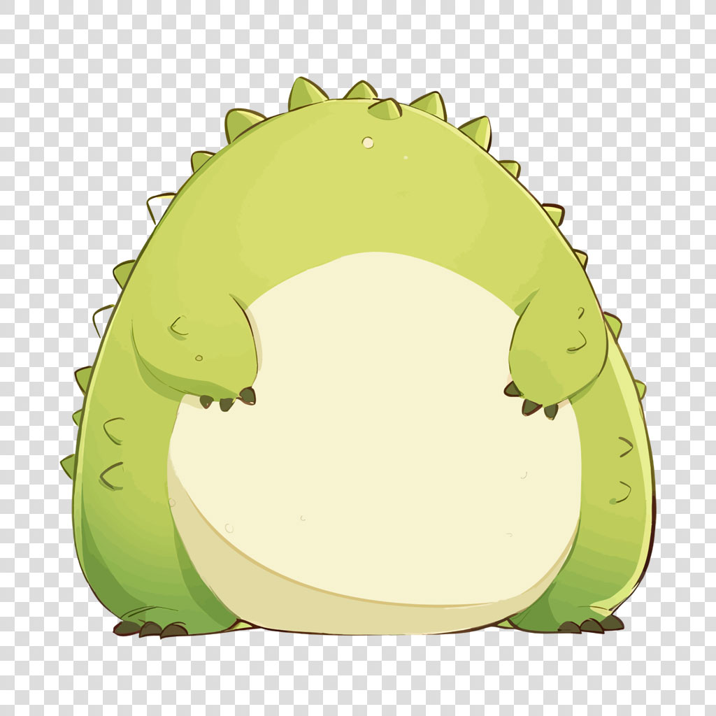 A cute green cartoon dinosaur with a large belly and spiky back