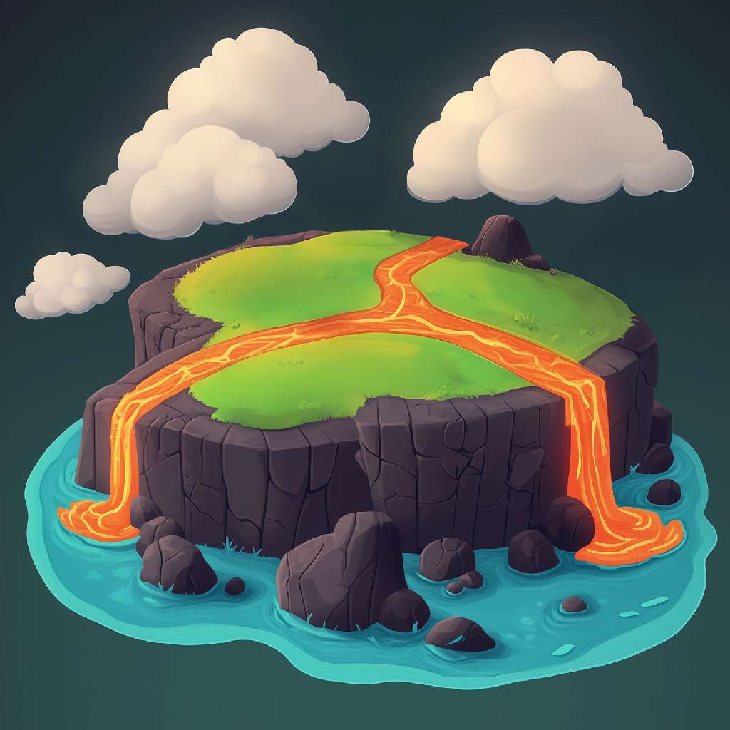 A cartoon island with lava flowing over the edges into the water below.