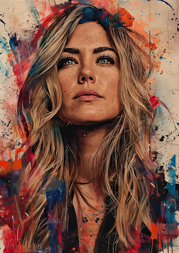 A digital painting of a woman with long blonde hair and a serious expression, set against a vibrant abstract background.