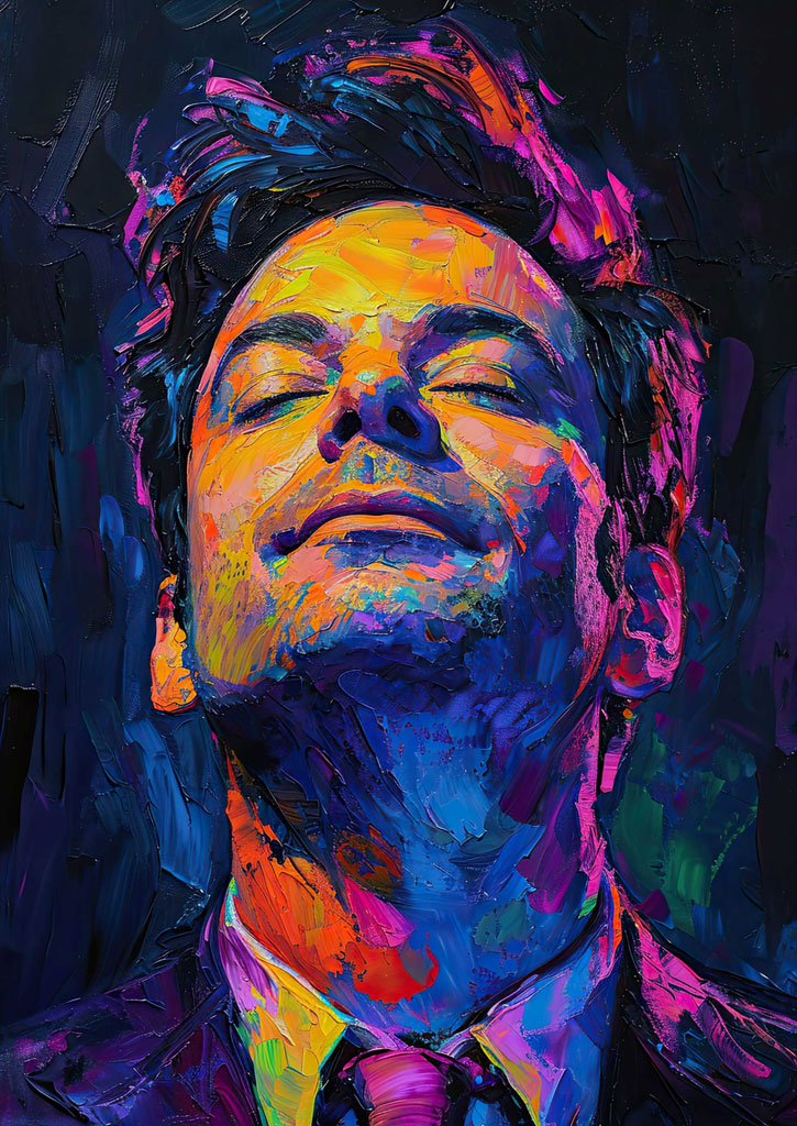 A man with closed eyes, depicted in a vibrant and expressive painting with a mix of colors.